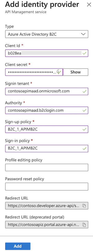 Screenshot of the Active Directory B2C identity provider configuration in the portal.