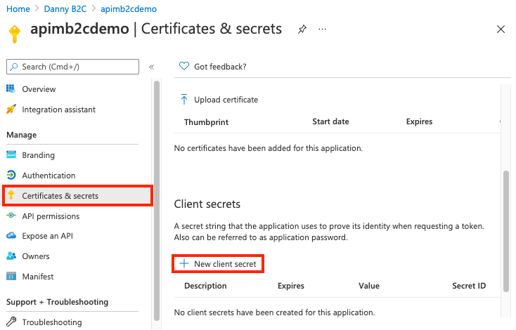 Screenshot of creating a client secret in the portal.