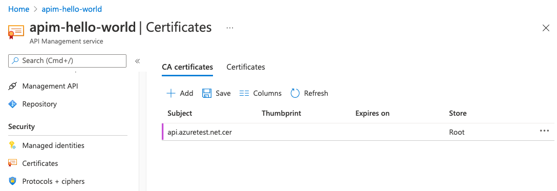 CA certificates in the Azure portal