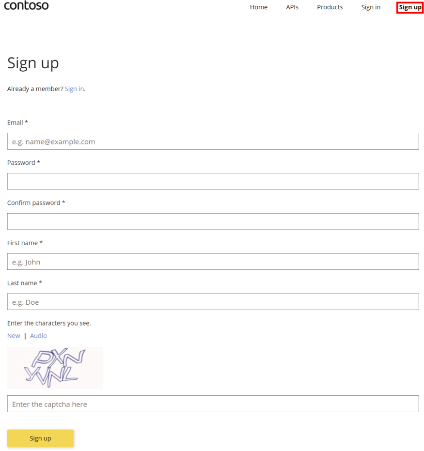 开发人员门户中“注册”页的屏幕截图。