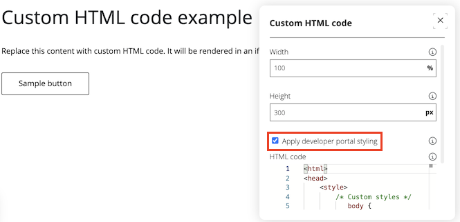 Screenshot that shows how to configure HTML custom code in the developer portal.