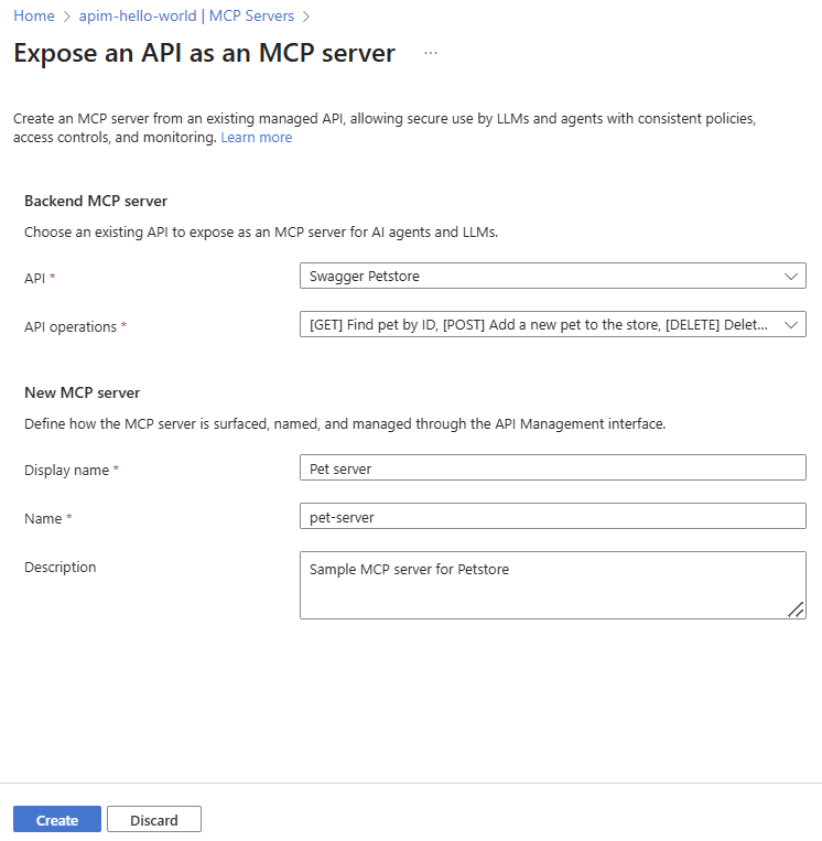 在门户中创建 MCP 服务器的屏幕截图。