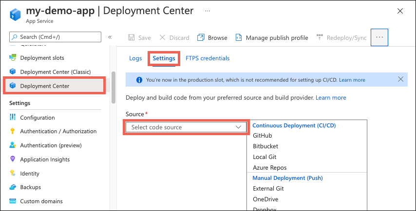 Screenshot that shows how to choose the deployment source.