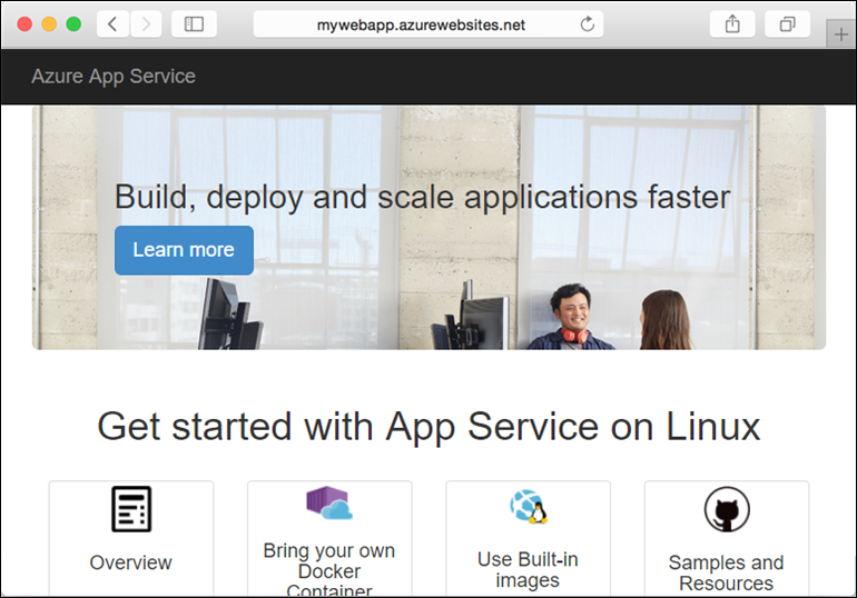 浏览器的屏幕截图，其中显示了 Web 应用在 Azure 中成功运行。