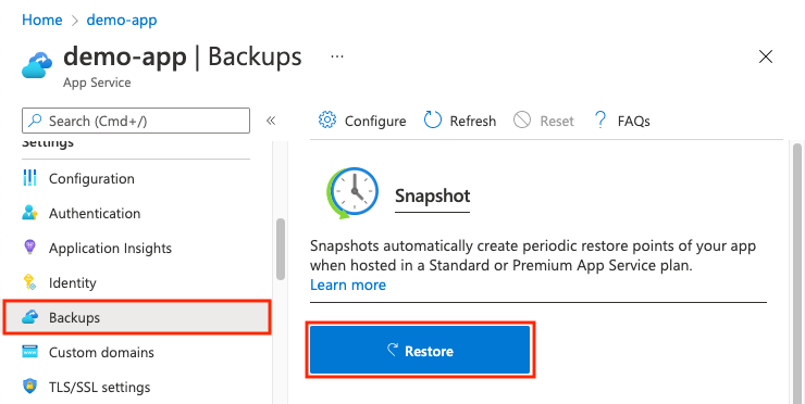 Screenshot that shows how to restore an app from a snapshot.