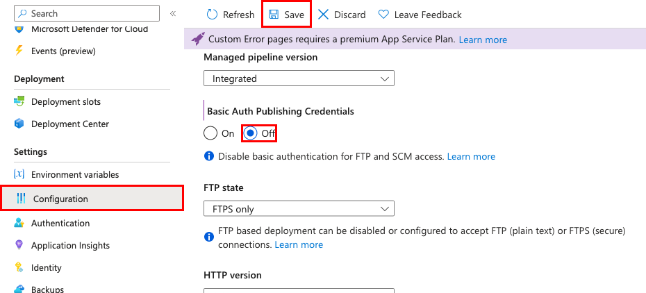 显示如何在 Azure 门户中禁用 Azure 应用服务的基本身份验证的屏幕截图。