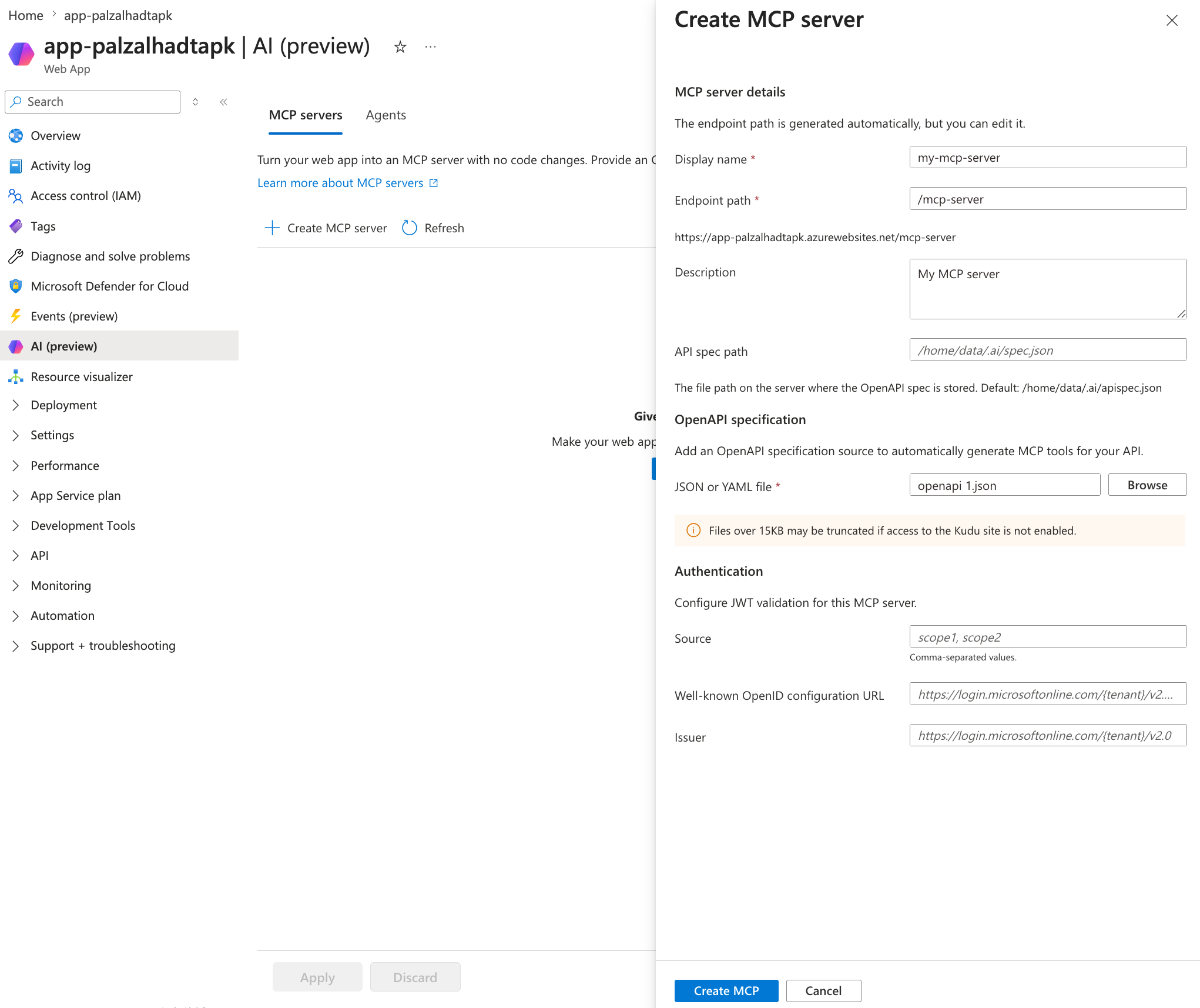 Azure 门户中 AI（预览版）边栏的屏幕截图，显示“MCP 服务器”选项卡，且“添加 MCP 服务器”面板处于打开状态。