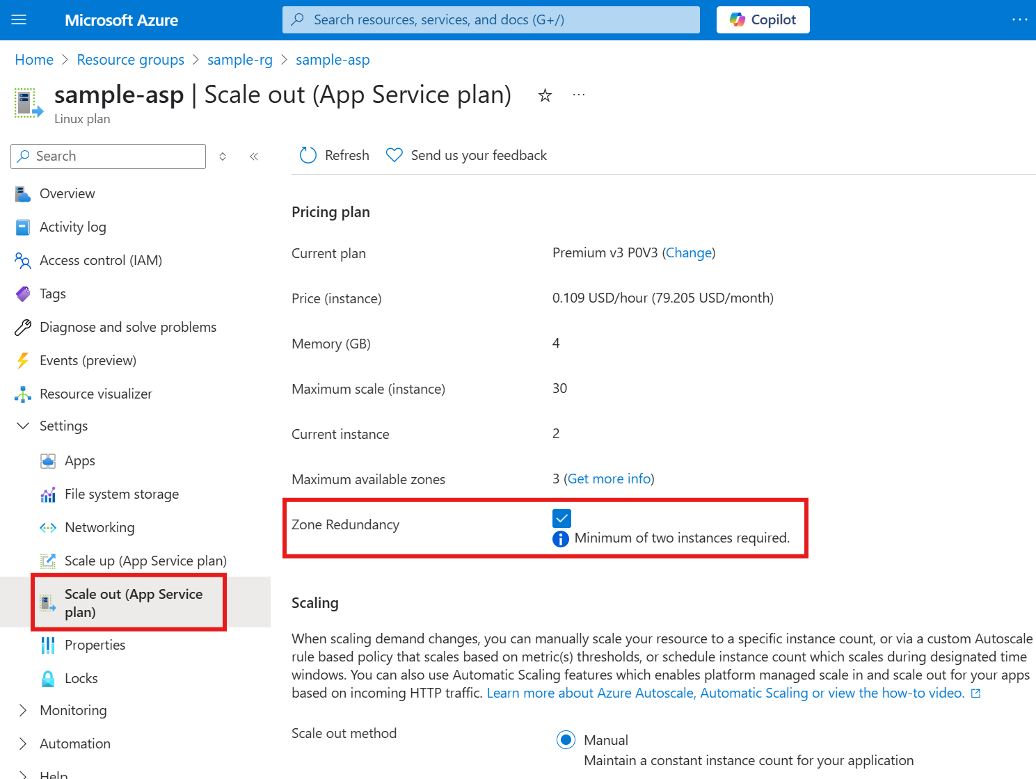 Azure 门户中应用服务计划的区域冗余属性的屏幕截图。