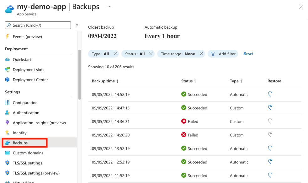 Screenshot that shows how to open the backups page.