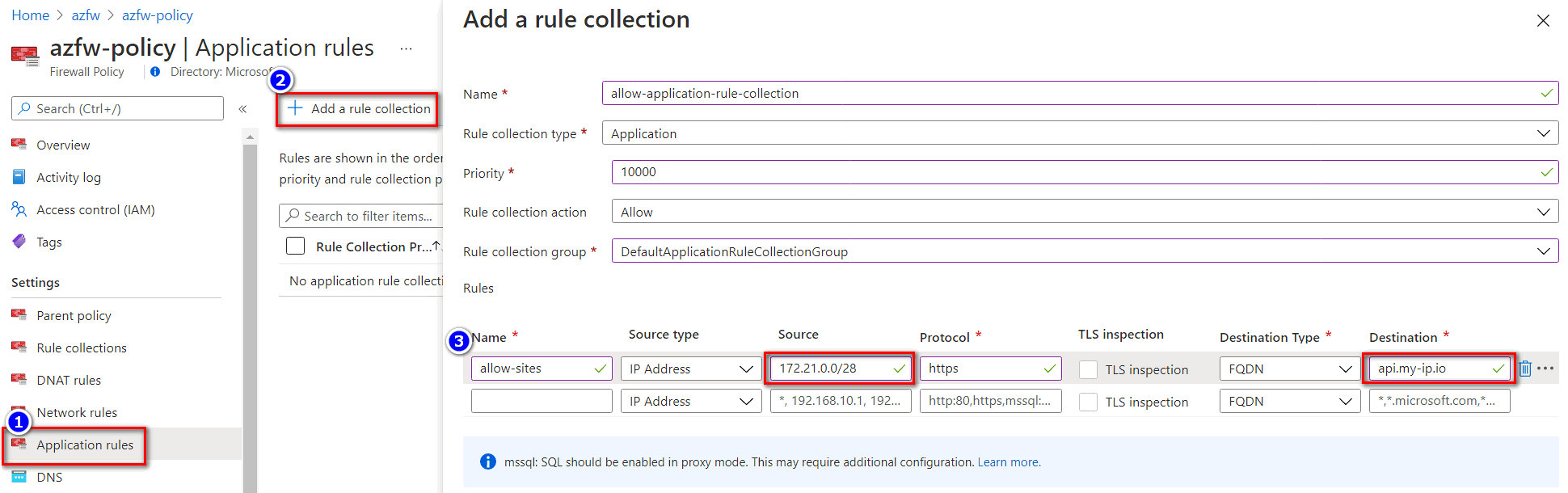 配置 Azure 防火墙策略规则的屏幕截图。