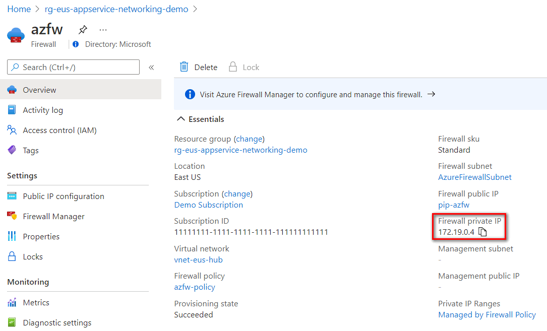 获取 Azure 防火墙专用 IP 地址的屏幕截图。