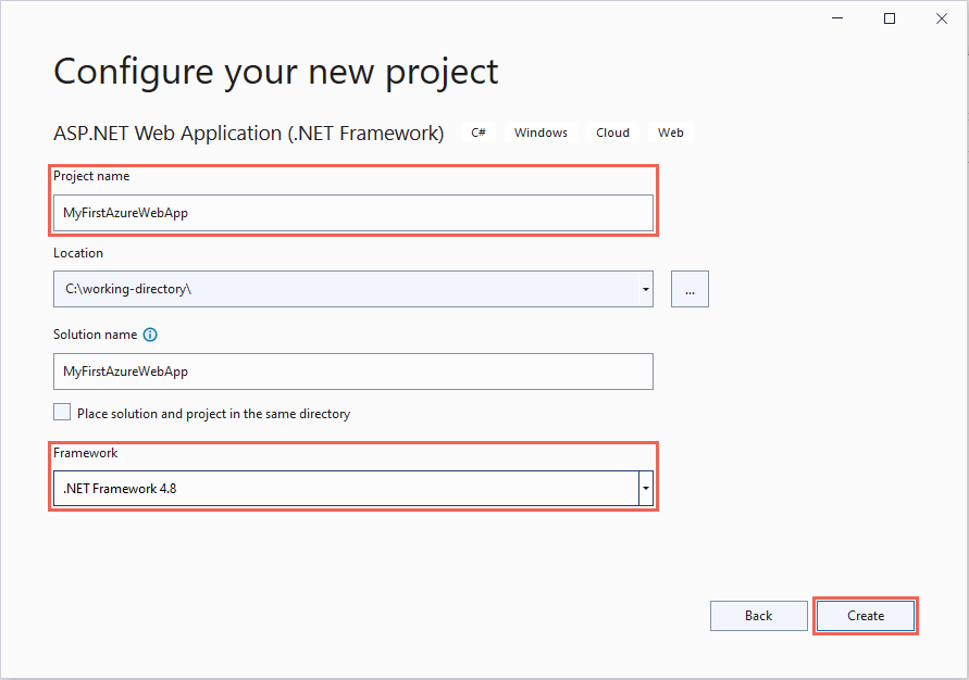 Visual Studio 的屏幕截图 - 配置 ASP.NET Framework 4.8 Web 应用。