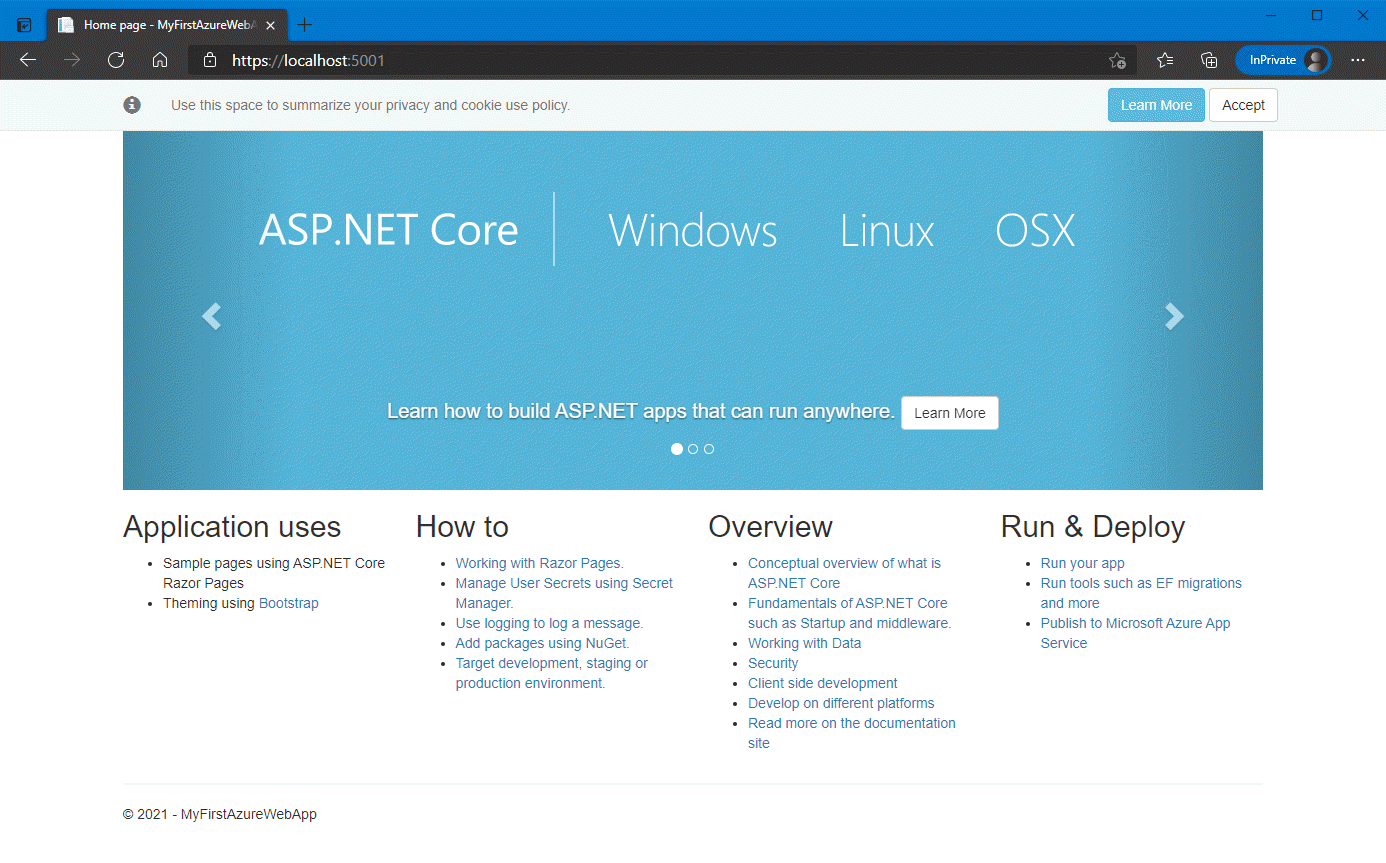 Visual Studio Code 的屏幕截图 - 本地浏览器中的 ASP.NET Framework 4.8。