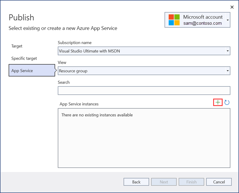 Visual Studio 的屏幕截图 -“新建应用服务应用”对话框。