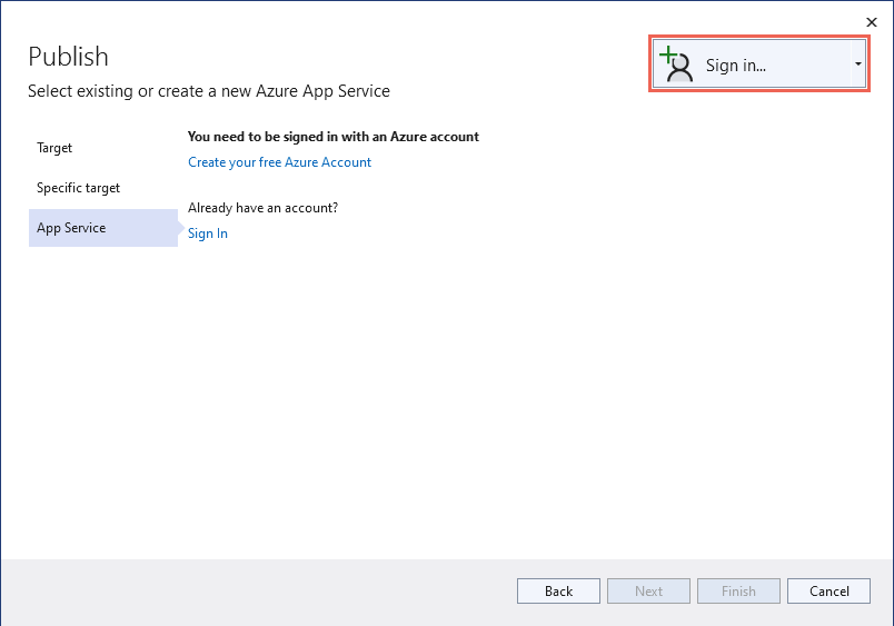 Visual Studio 的屏幕截图 -“选择登录到 Azure”对话框。
