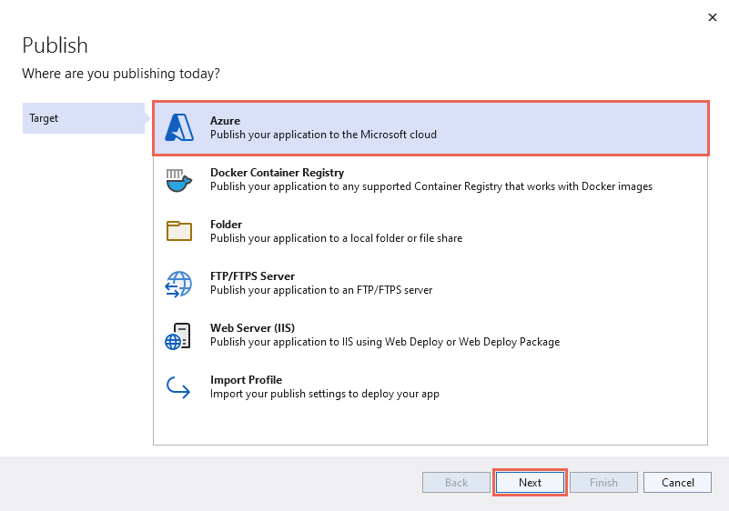Visual Studio 的屏幕截图 - 发布 Web 应用并以 Azure 为目标。