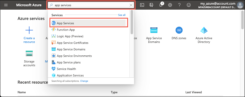 Azure 门户的屏幕截图 - 选择“应用服务”选项。