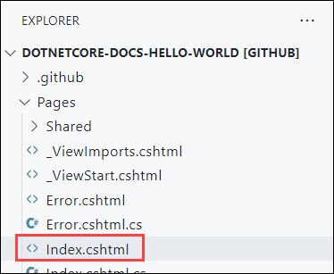 浏览器中 Visual Studio Code 的资源管理器窗口的屏幕截图，突出显示了 dotnetcore-docs-hello-world 存储库中的 Index.cshtml。