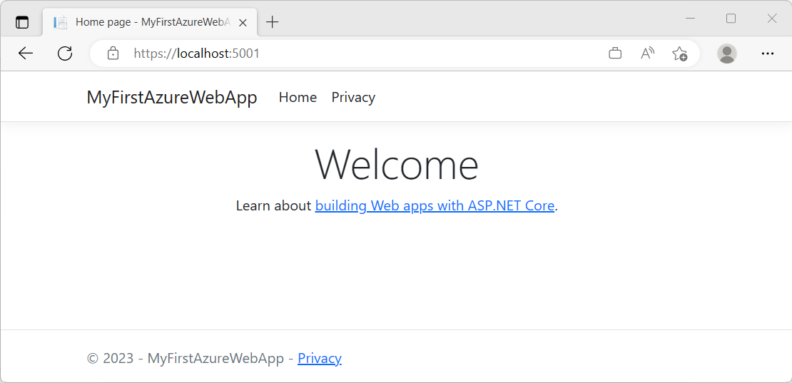 Visual Studio Code 的屏幕截图 - 本地浏览器中的 ASP.NET Core 7.0。
