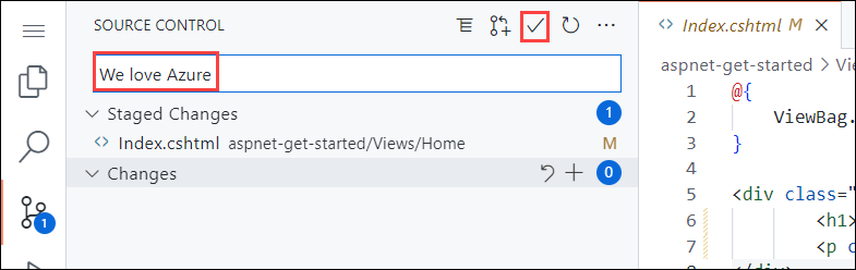 浏览器中 Visual Studio Code 的屏幕截图，源代码管理面板带有“我们喜欢 Azure”的提交消息，突出显示了“提交和推送”按钮。