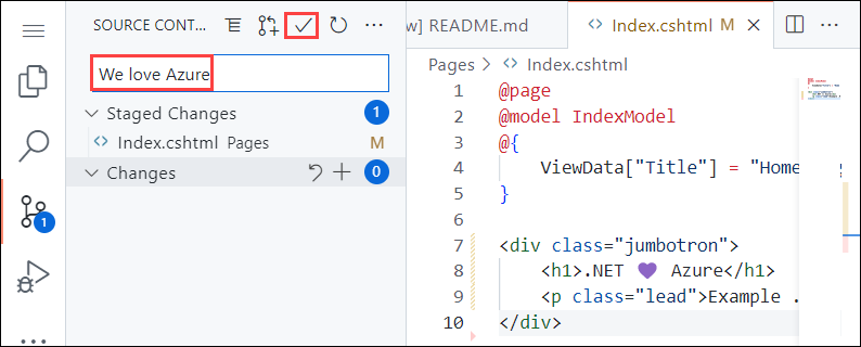 浏览器中 Visual Studio Code 的屏幕截图，源代码管理面板带有“我们喜欢 Azure”的提交消息，突出显示了“提交和推送”按钮。