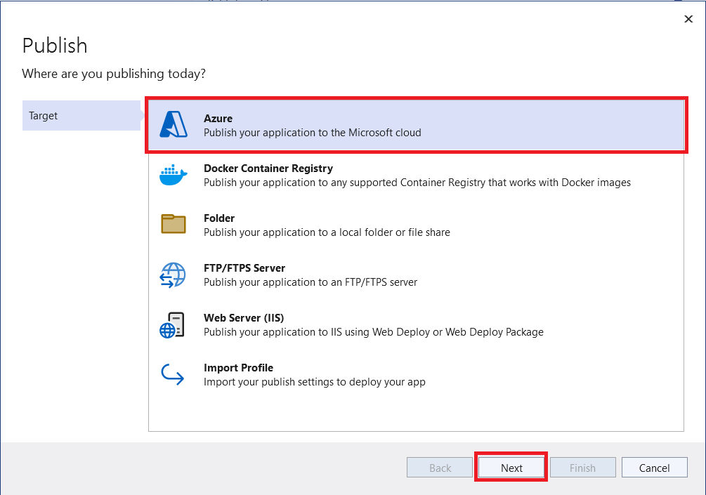 Visual Studio 的屏幕截图 - 发布 Web 应用并以 Azure 为目标。
