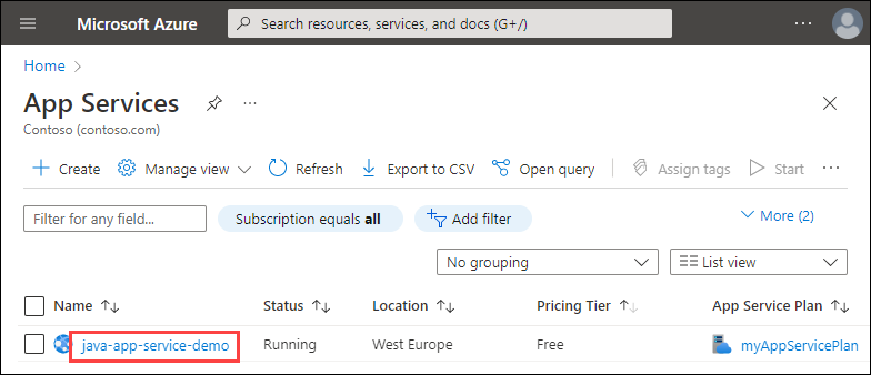 Azure 中应用服务列表的屏幕截图。突出显示了演示应用服务的名称。