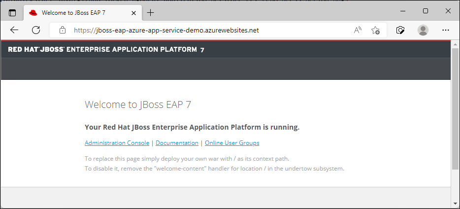 浏览器中 JBoss EAP Azure 应用服务的屏幕截图，其中显示了默认的 JBoss EAP7 占位符。