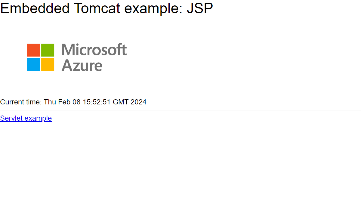 Screenshot of embedded Tomcat Hello World web app running in Azure App Service in introduction.