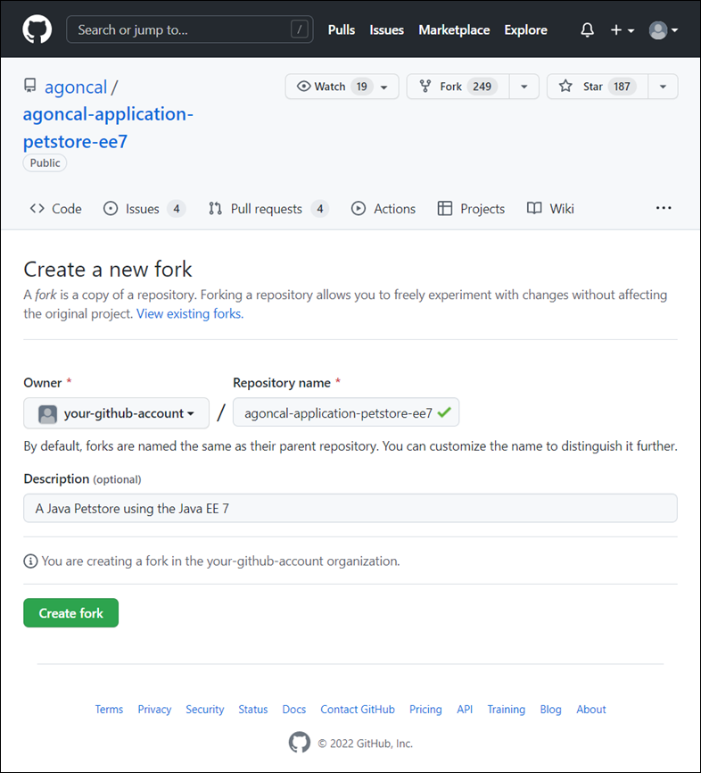 在 GitHub 中创建新分支页面的屏幕截图，用于创建 agoncal/agoncal-application-petstore-ee7 的新分支。
