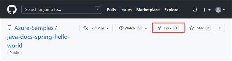 GitHub 中 Azure-Samples/java-docs-spring-hello-world 存储库的屏幕截图，其中突出显示了“分支”选项。