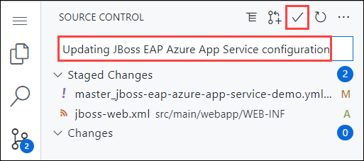 浏览器中 Visual Studio Code 的屏幕截图，源代码管理面板带有“更新 JBoss EAP Azure 应用服务配置”的提交消息，并突出显示了“提交”和“推送”按钮。