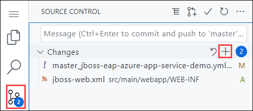 浏览器中 Visual Studio Code 的屏幕截图，突出显示了边栏中的源代码管理导航，然后突出显示了源代码管理窗格中的“暂存更改”按钮。