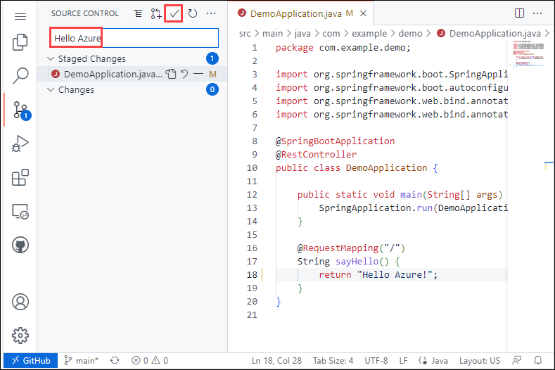 浏览器中 Visual Studio Code 的屏幕截图，源代码管理面板带有“Hello Azure”的提交消息，突出显示了“提交和推送”按钮。