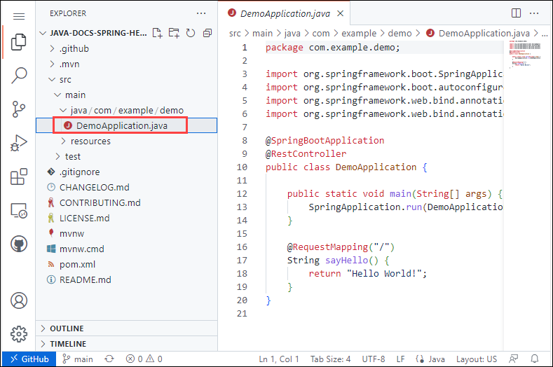 浏览器中 Visual Studio Code 的屏幕截图，突出显示了“资源管理器”窗格中的“src/main/java/com/example/demo/DemoApplication.java”。