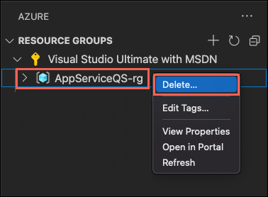 Visual Studio Code 导航的屏幕截图，其中显示了用于删除包含应用服务资源的选项。