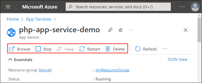 Azure 门户中应用服务概述页的屏幕截图。突出显示了操作栏中的“浏览”、“停止”、“交换(已禁用)”、“重启”和“删除”按钮组。