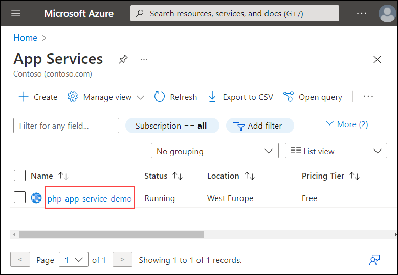 Azure 中应用服务列表的屏幕截图。突出显示了演示应用服务的名称。