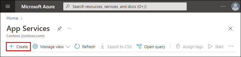 Azure 门户中“应用服务”页的屏幕截图。突出显示了操作栏中的“创建”按钮。