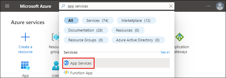 Azure 门户的屏幕截图，搜索文本框中键入了“应用服务”。在结果中，突出显示了“服务”下的“应用服务”选项。
