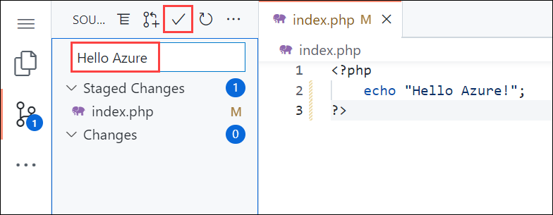 浏览器中 Visual Studio Code 的屏幕截图，源代码管理面板带有“Hello Azure”的提交消息，突出显示了“提交和推送”按钮。