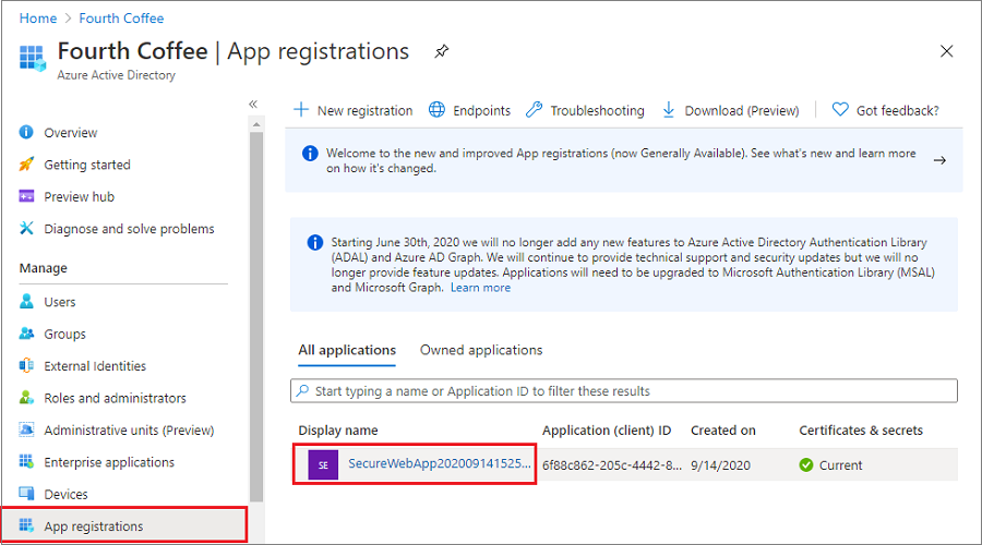 Screenshot that shows selecting app registration.