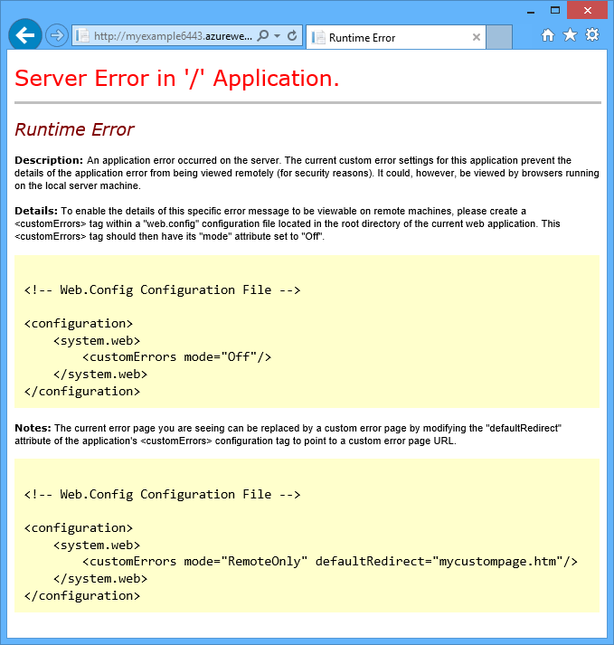 Web 浏览器的屏幕截图，其中显示“'/' 应用程序中出现服务器错误”。