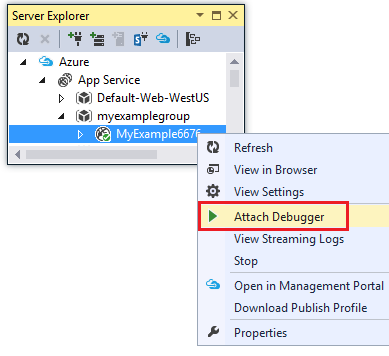 Screenshot of the Server Explorer window showing an app selected and then clicking Attach Debugger.
