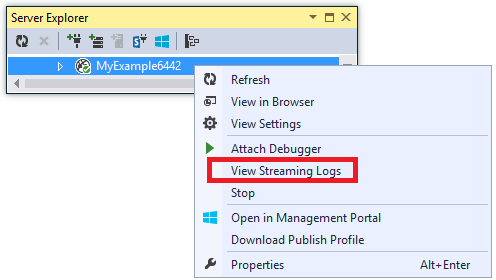 Screenshot of Server Explorer after right-clicking your app, with View Streaming Logs selected in a new window.