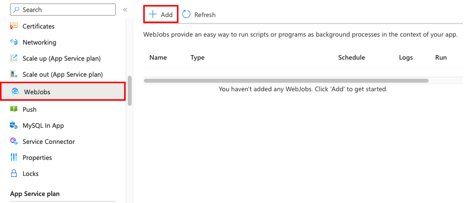 Screenshot that shows how to add a WebJob in an App Service app in the portal.