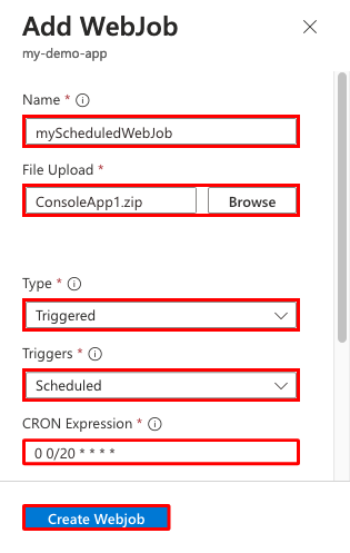 Screenshot that shows how to configure a scheduled WebJob in an App Service app.