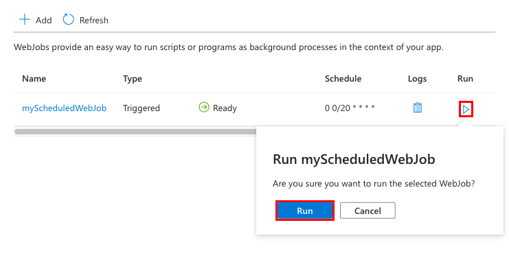 Screenshot that shows how to run a manually scheduled WebJob in the Azure portal.