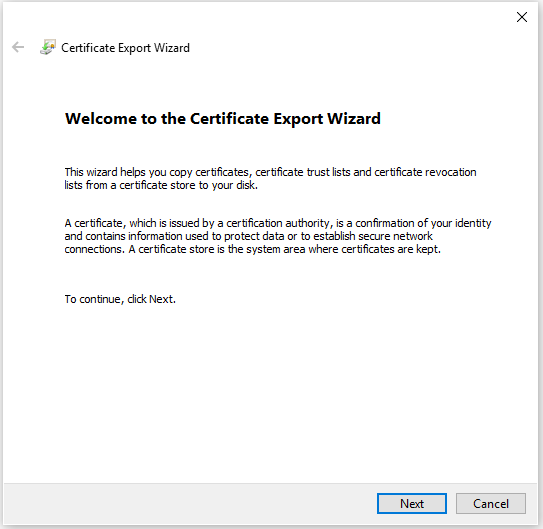 Screenshot of export certificate.