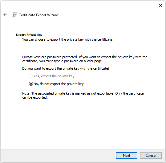 Screenshot of do not export the private key.